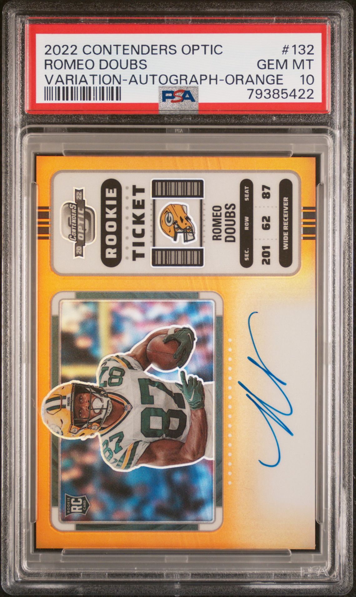 2022 Panini PANINI CONTENDERS OPTIC VARIATION-AUTOGRAPH-ORANGE #132 Romeo Doubs front