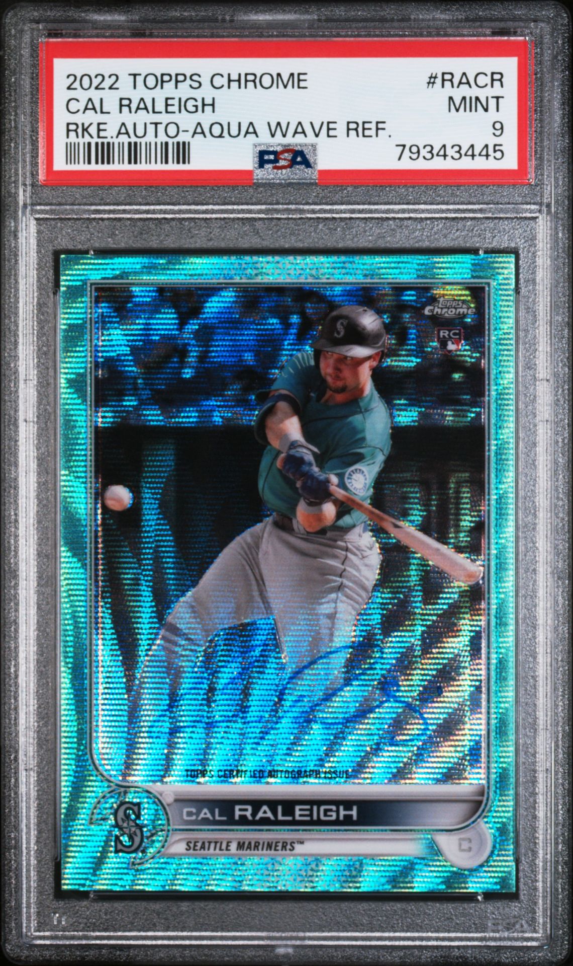 2022 Topps TOPPS CHROME ROOKIE AUTOGRAPHS RKE.AUTO-AQUA WAVE REF. #RACR Cal Raleigh front