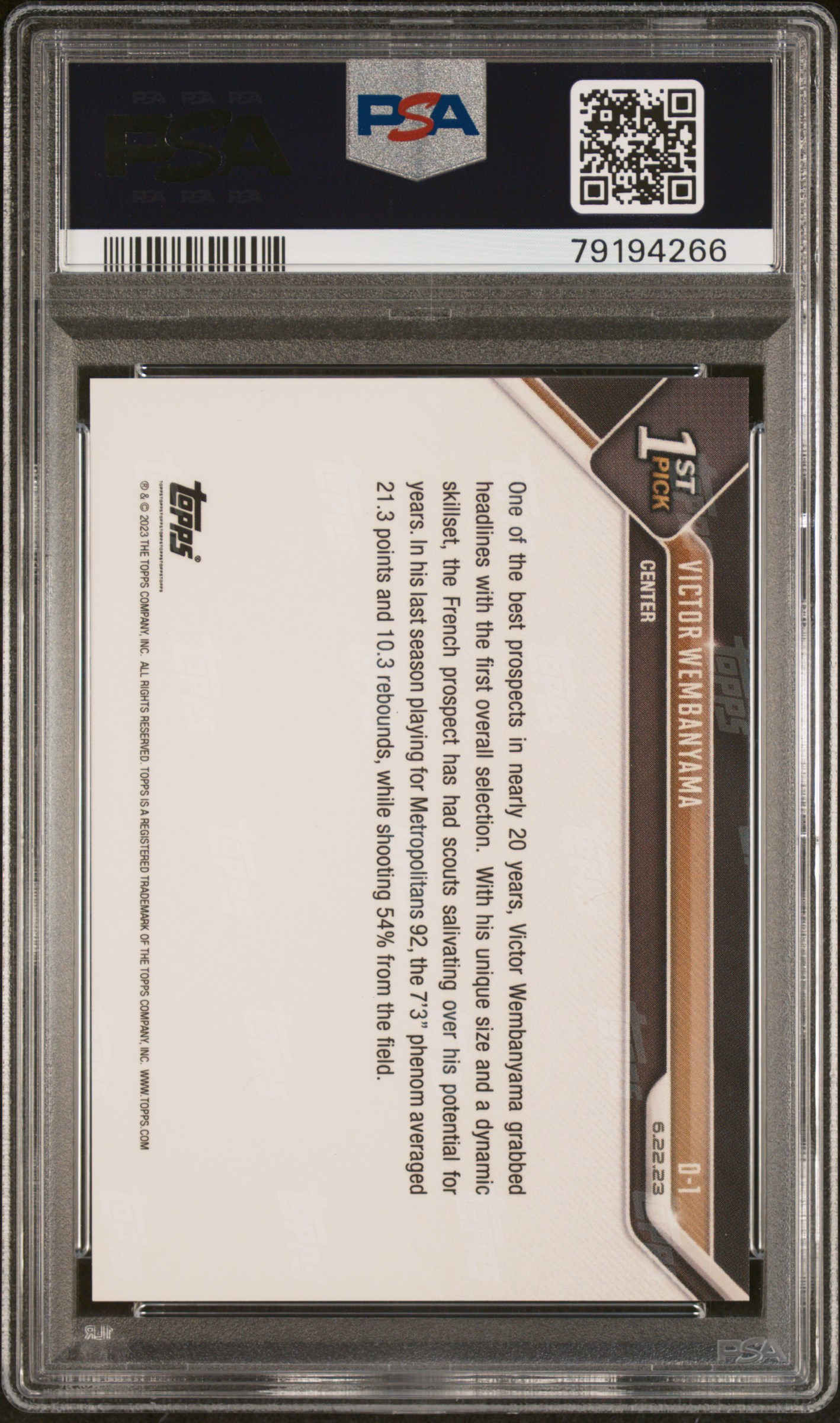 2023 Topps Now Draft Victor Wembanyama #D1 Gem Mt 10 back