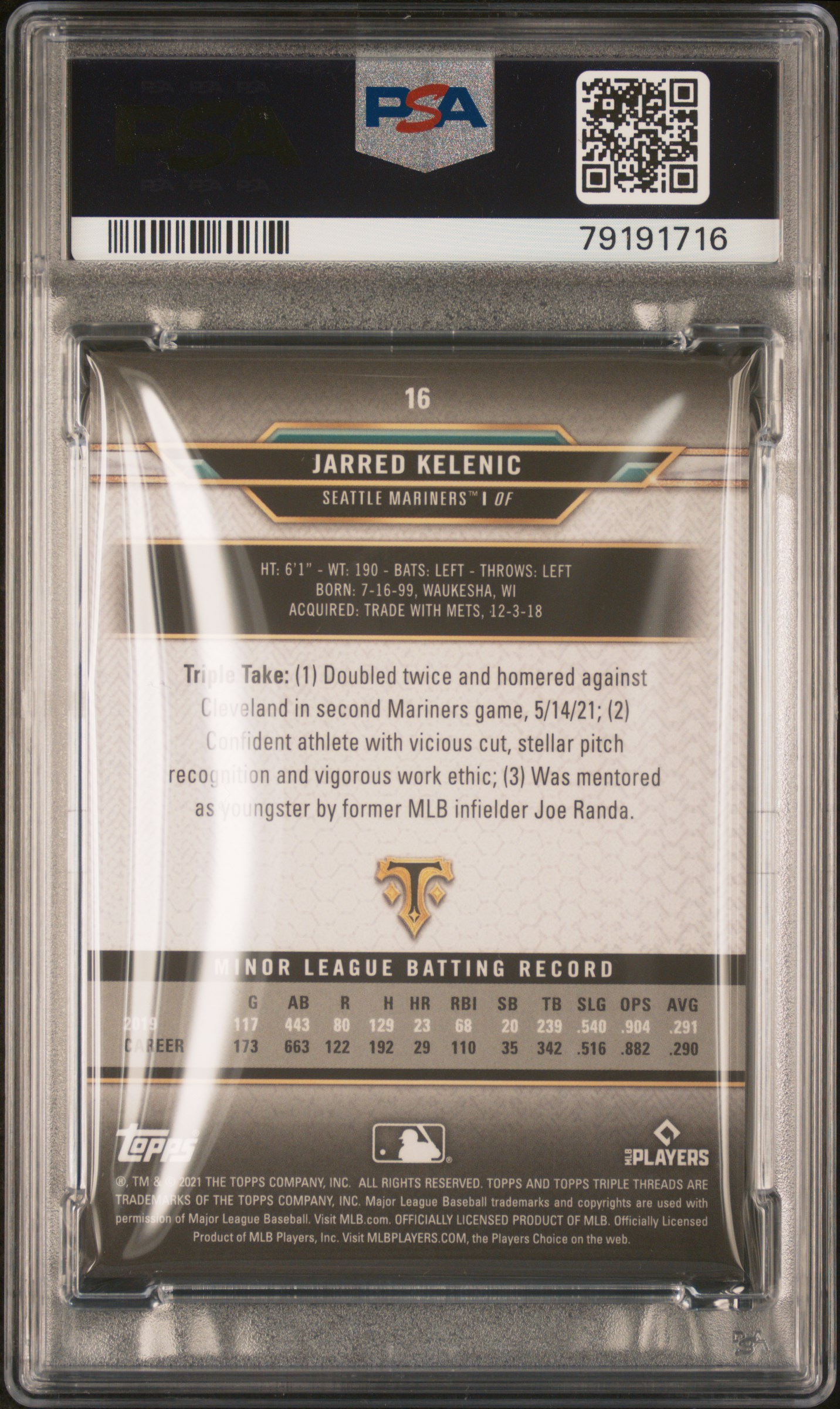 2021 Topps Triple Threads Jarred Kelenic #16 back