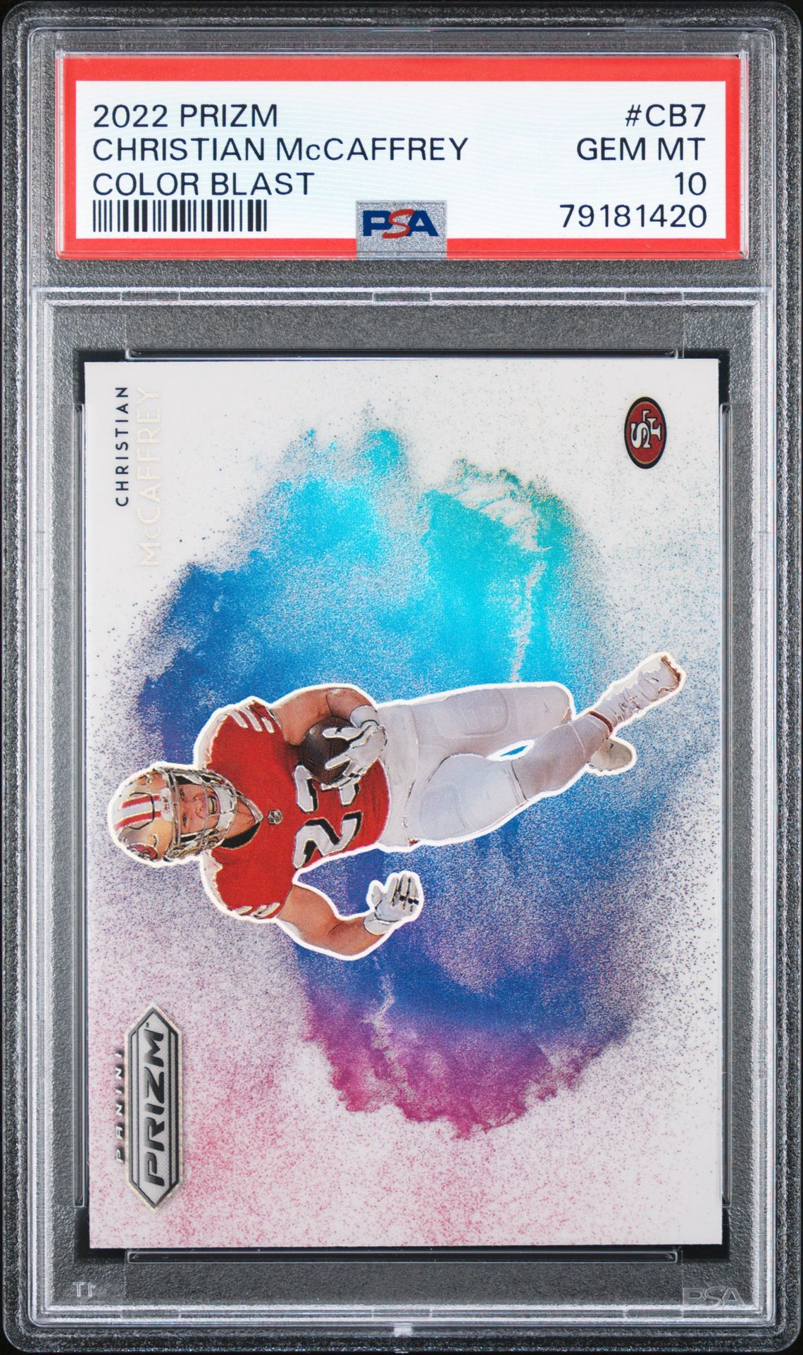 2022 Panini Prizm Color Blast Christian Mccaffrey #Cb7 (Color Blast) Gem Mt 10 front view - PSA graded GEM MT 10