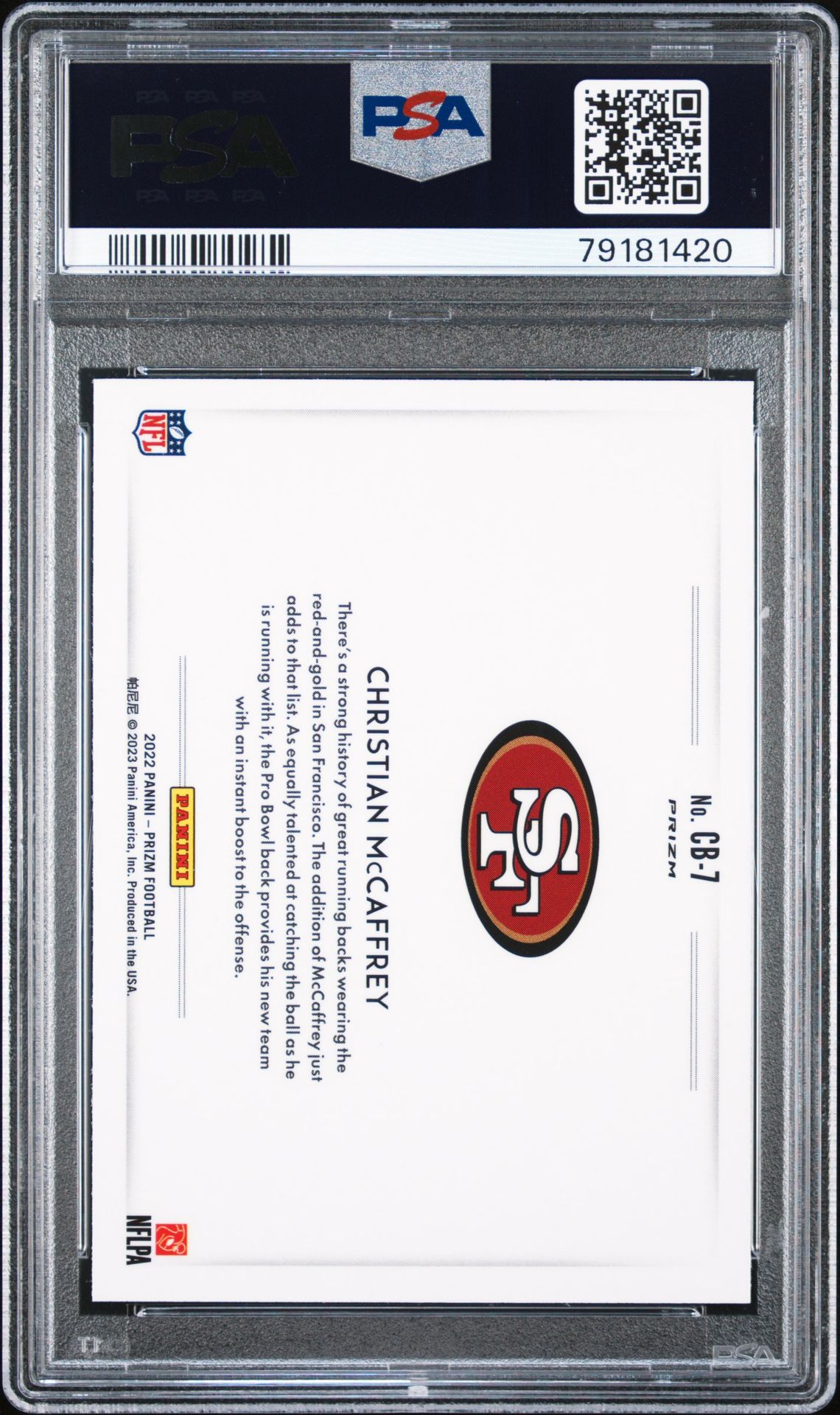 2022 Panini Prizm Color Blast Christian Mccaffrey #Cb7 (Color Blast) Gem Mt 10 back view - PSA certificate #79181420