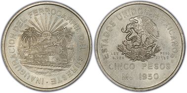 1950-Mo 5 Peso Southeastern Railroad KM-466  Ag MS63