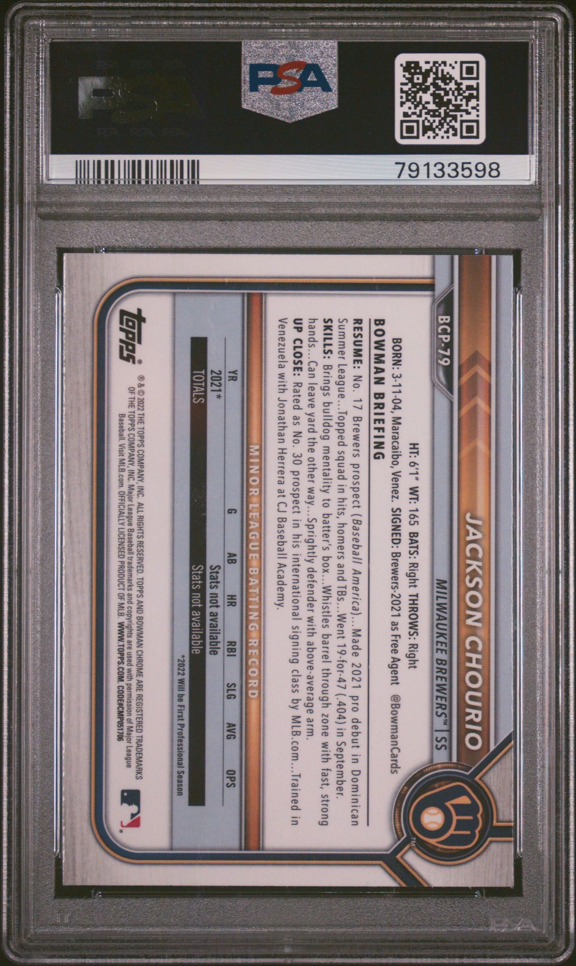 2022 Bowman Chrome Prospects Jackson Chourio #Bcp79 (Chrome Prospects) Gem Mt 10 back