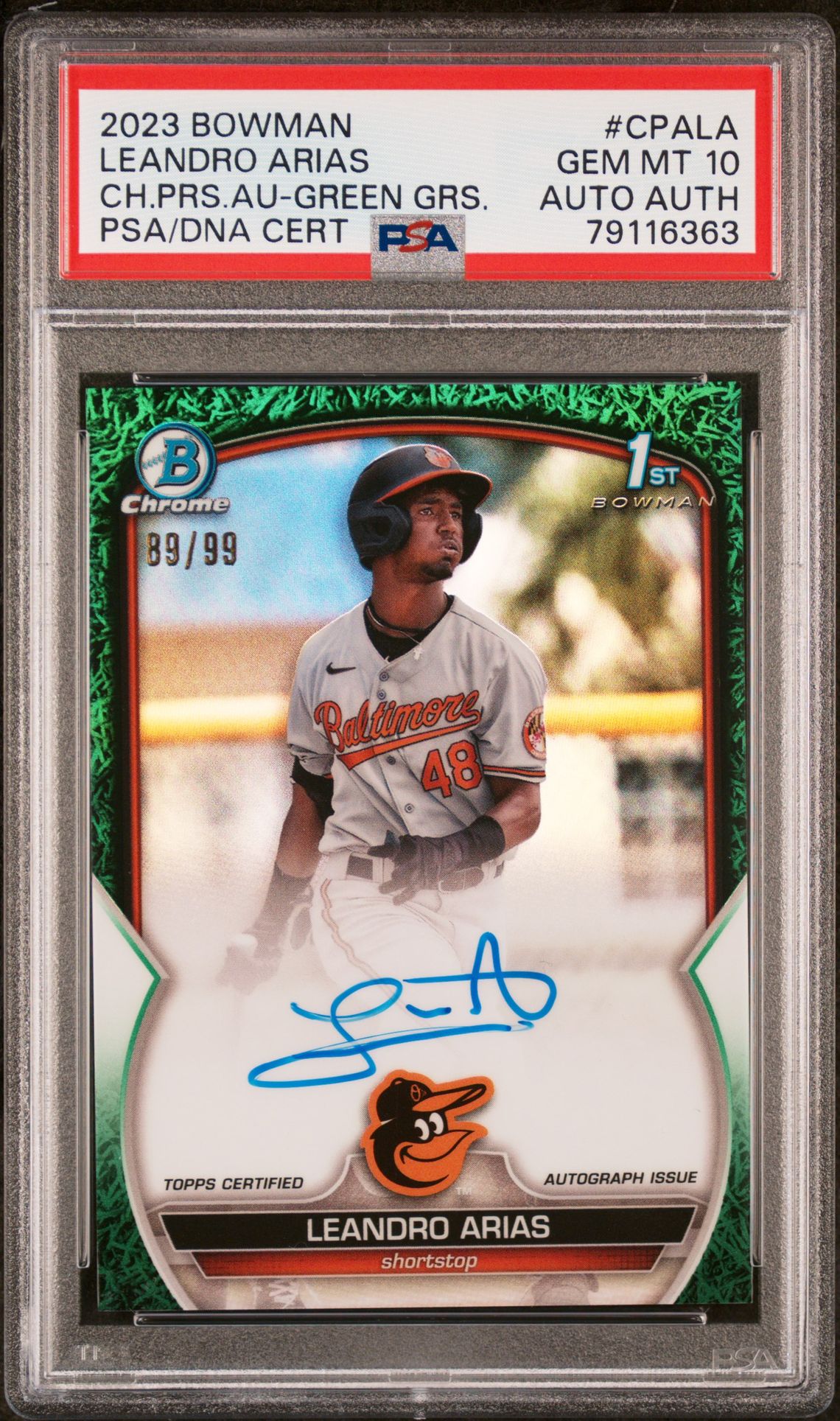 2023 Bowman Chrome Prospect Autographs Leandro Arias #Cpala (Ch.prs.au-Green Grs.) Gem Mt 10 front