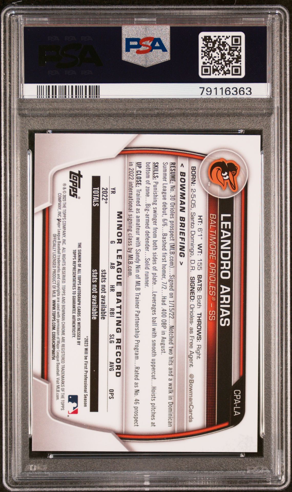 2023 Bowman Chrome Prospect Autographs Leandro Arias #Cpala (Ch.prs.au-Green Grs.) Gem Mt 10 back