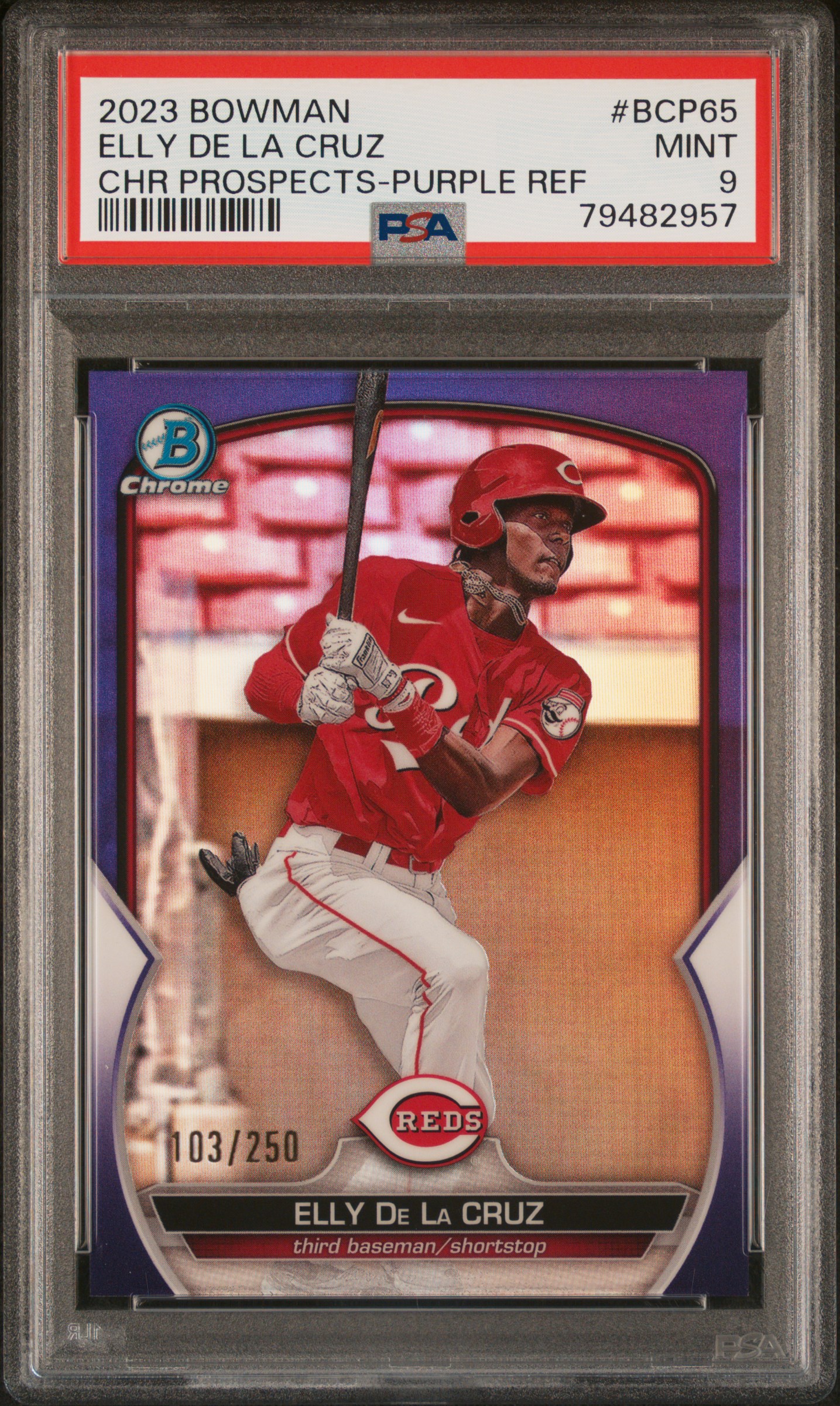 2023 Bowman Chrome Prospects Purple Refractor #BCP65 Elly De La Cruz Rookie Card (#103/250)– PSA MINT 9