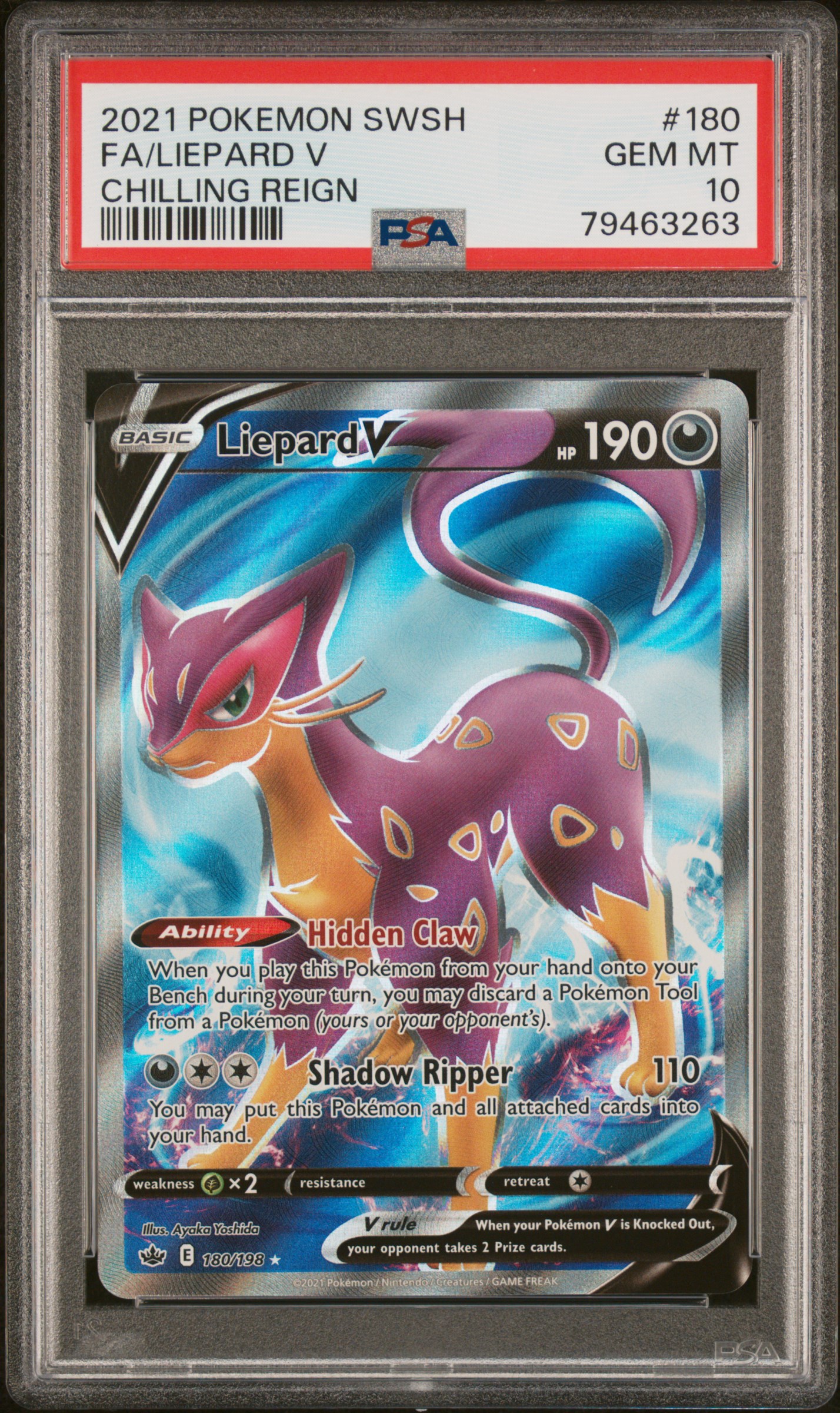 2021 Pokemon Sword & Shield Chilling Reign 180 Full Art/Liepard V – PSA GEM MT 10