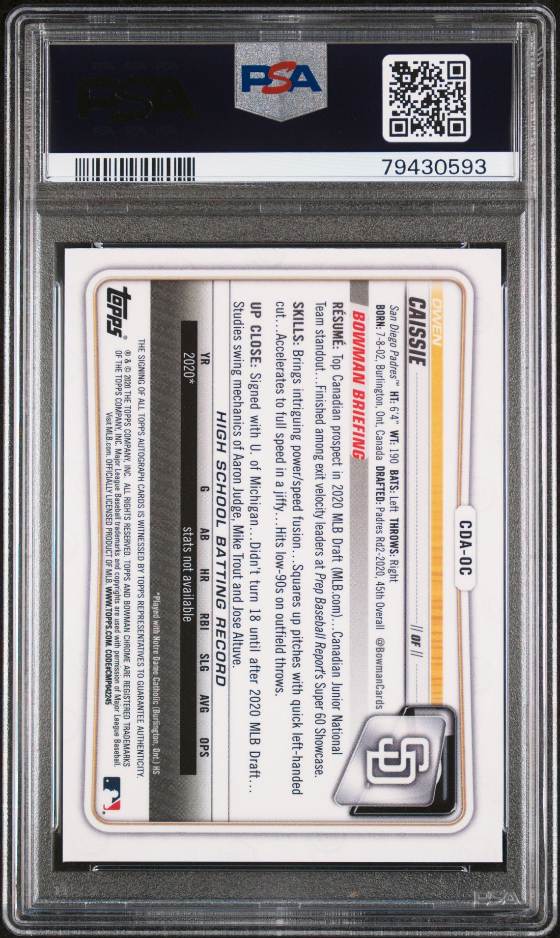 2020 Bowman Draft Chrome Draft Picks Autographs Owen Caissie #Cdaoc (Chrome Draft Picks Auto.) Gem Mt 10 back