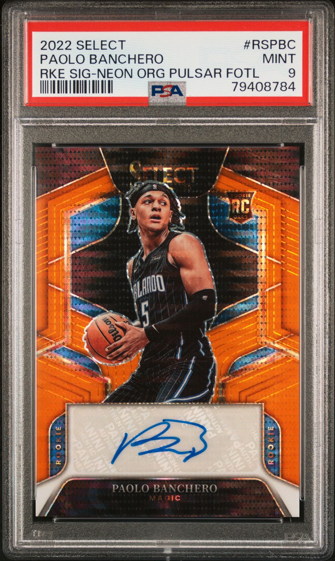 2022 Panini PANINI SELECT ROOKIE SIGNATURES RKE SIG-NEON ORG PULSAR FOTL #RSPBC Paolo Banchero front