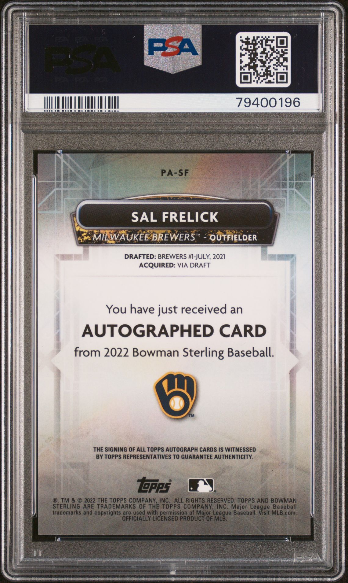 2022 Bowman Sterling Prospect Autographs Sal Frelick #Pasf (Pros.au-Wave Refractor) Gem Mt 10 back