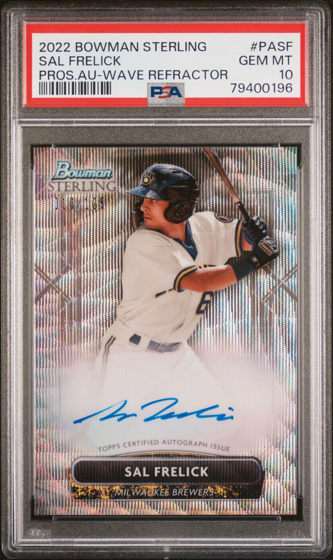 2022 Bowman Sterling Prospect Autographs Sal Frelick #Pasf (Pros.au-Wave Refractor) Gem Mt 10 front