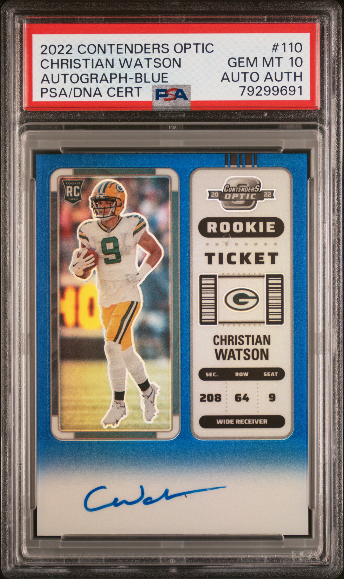 2022 Panini Contenders Optic Autograph Blue #110 Christian Watson Signed Rookie Card (#04/75) - PSA GEM MT 10, PSA/DNA Authentic