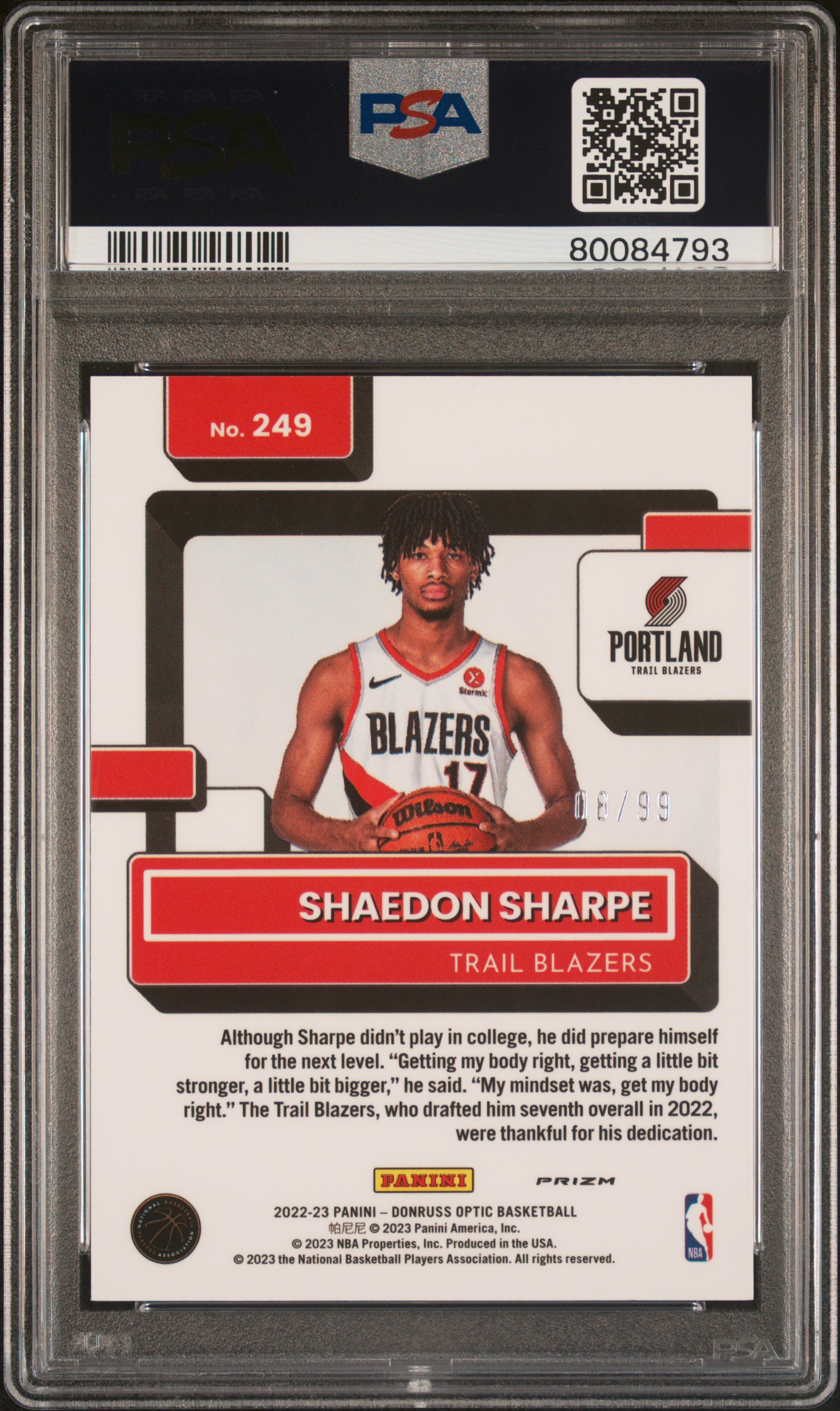 2022 Panini Donruss Optic Shaedon Sharpe #249 (Copper Glitter) Gem Mt 10 back