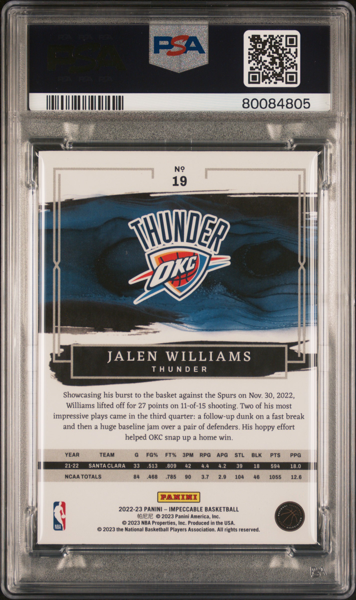 2022 Panini Impeccable Jalen Williams #19 (Holo Silver) Gem Mt 10 back