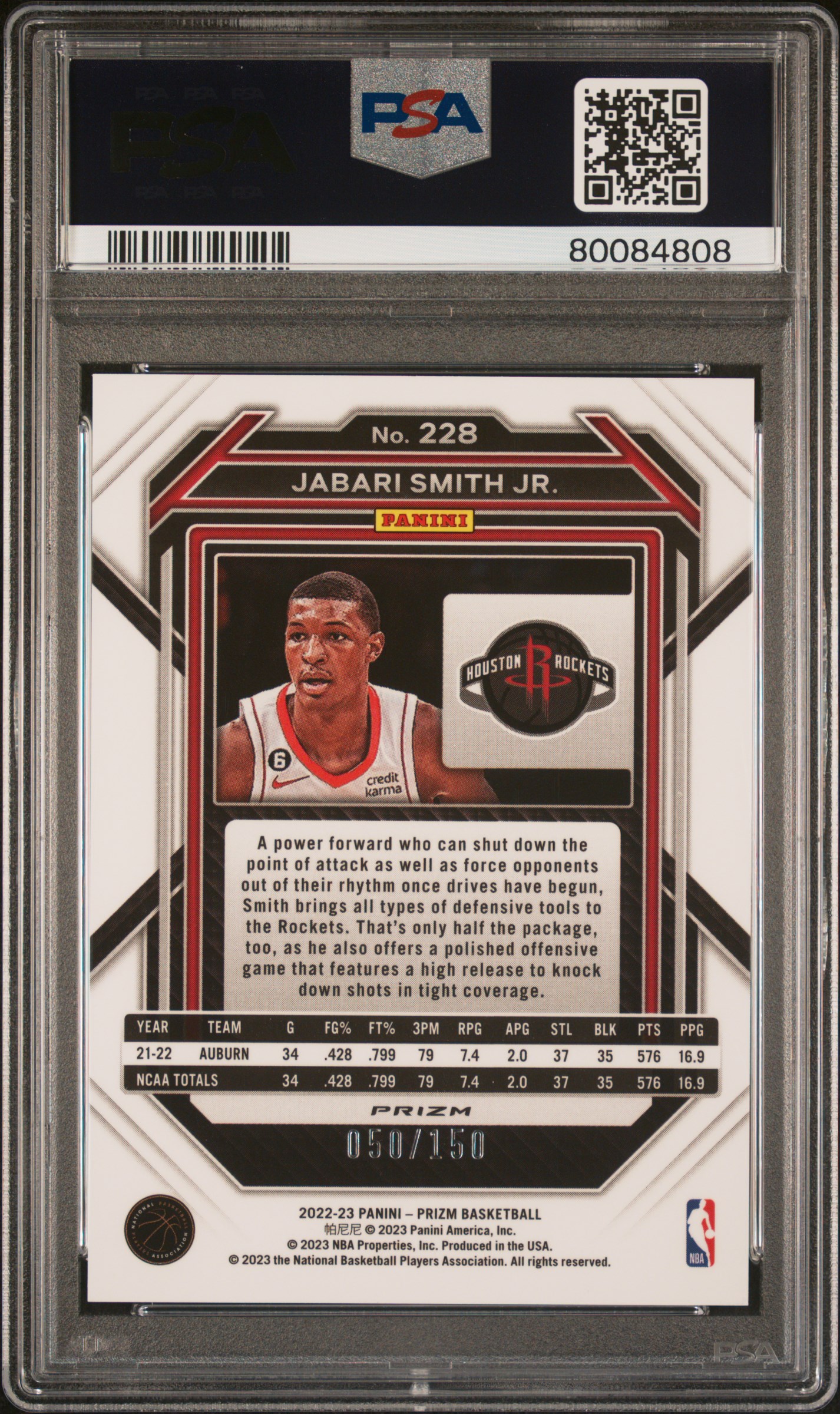 2022 Panini Prizm Jabari Smith Jr. #228 (Blue Fast Break) Gem Mt 10 back