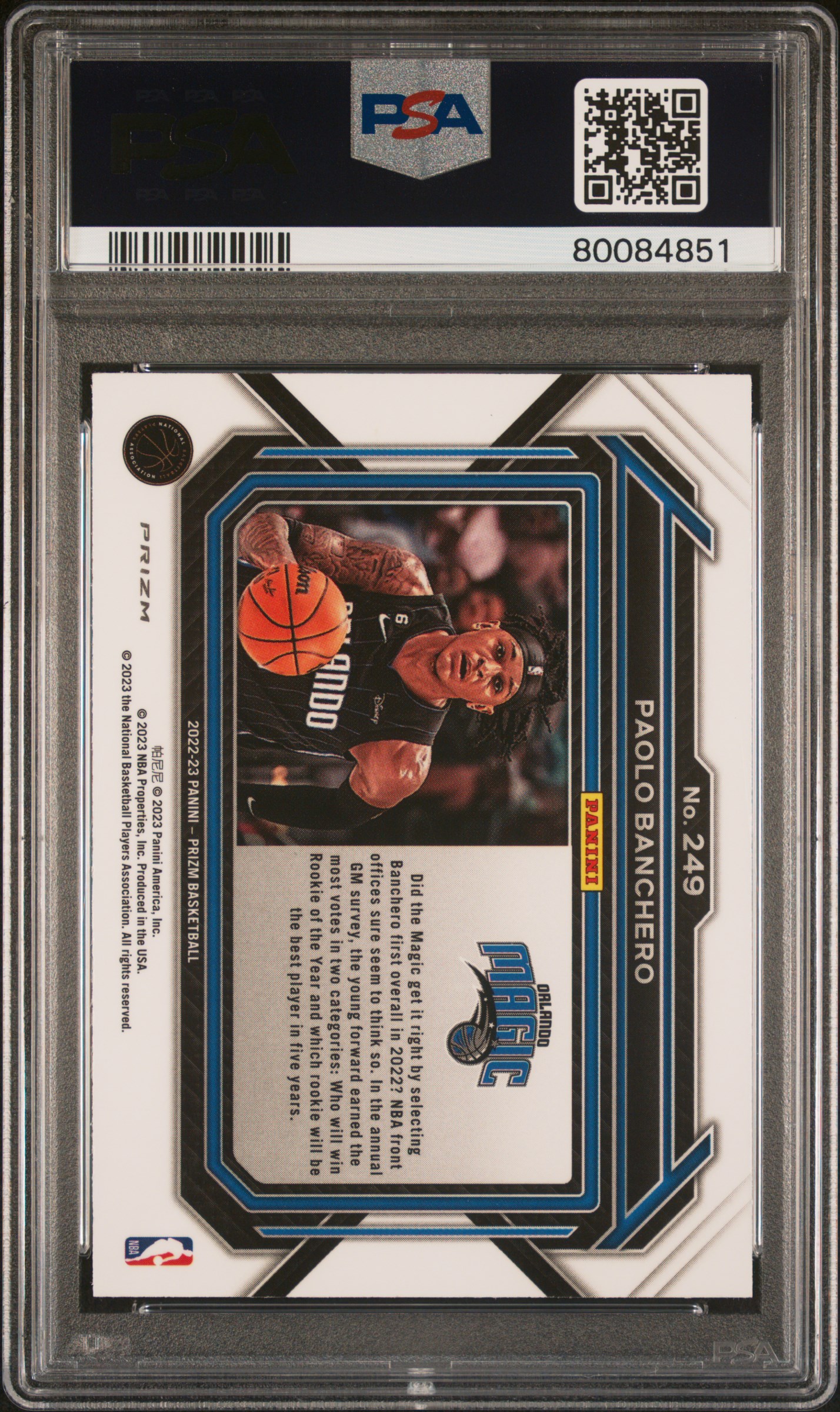 2022 Panini Prizm Paolo Banchero #249 (Variation) Gem Mt 10 back