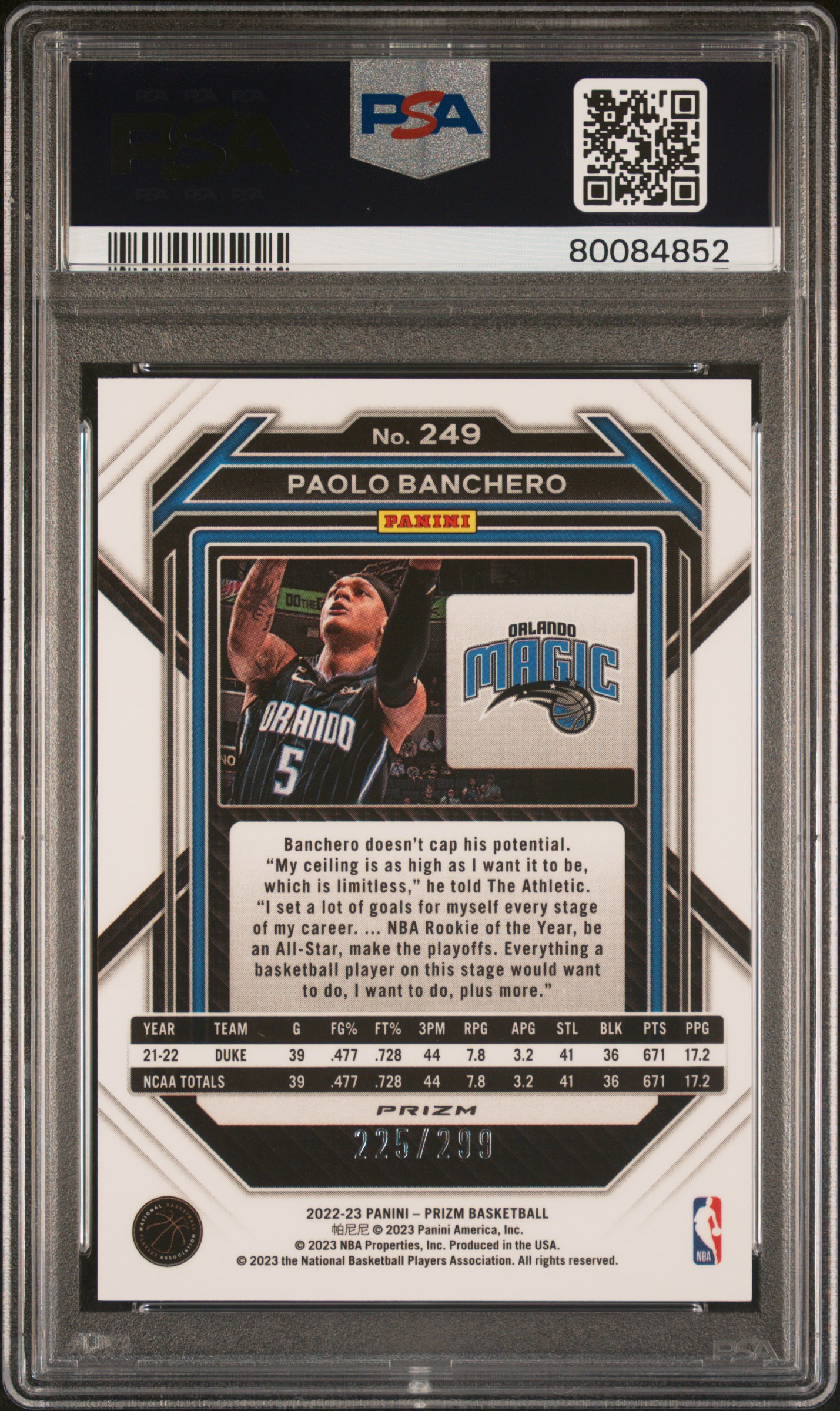 2022 Panini Prizm Paolo Banchero #249 (Red Prizm) Gem Mt 10 back