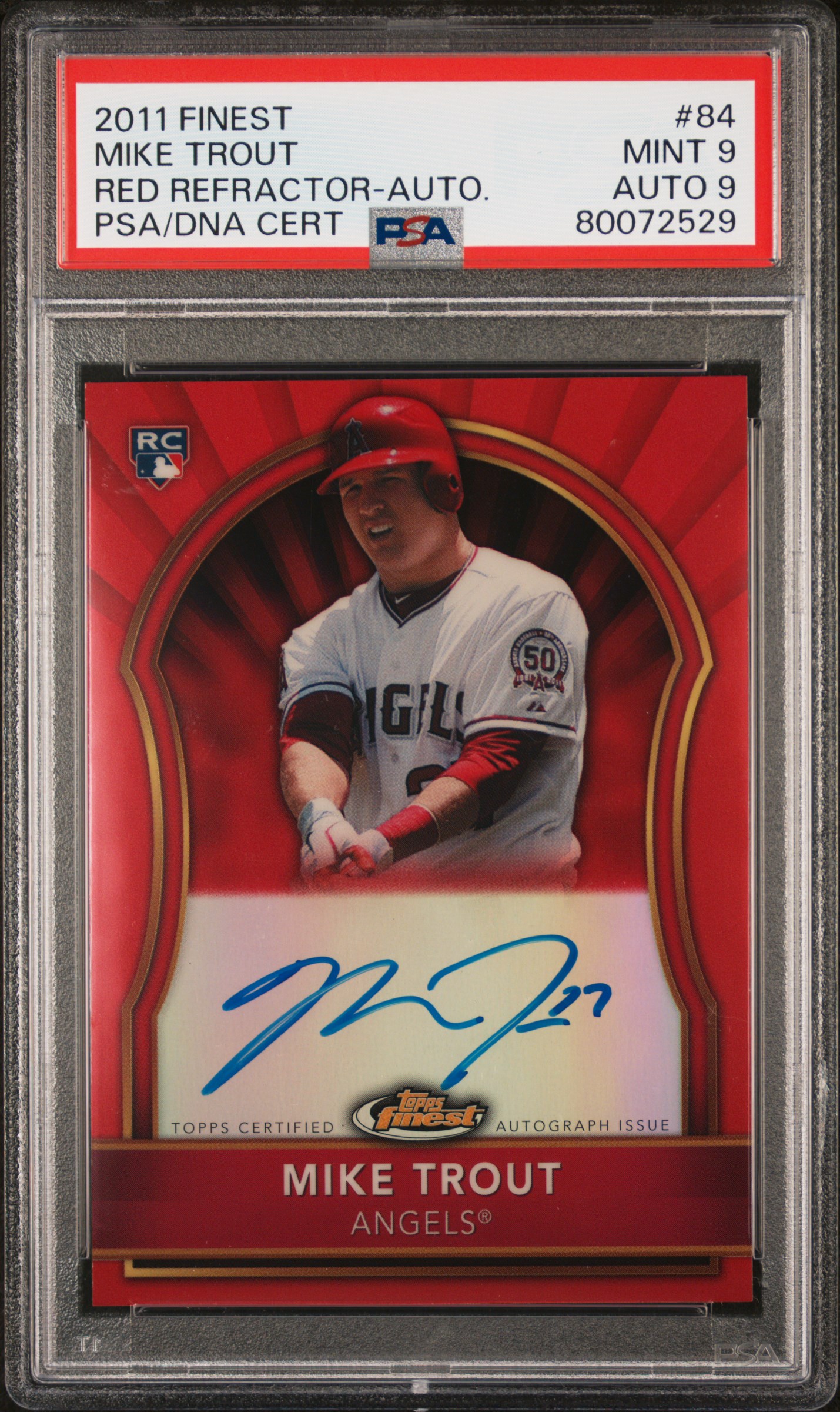 2011 Topps Finest Autographs Red Refractor #84 Mike Trout Rookie Card Signed Rookie Card (#09/25) - PSA MINT 9, PSA/DNA MINT 9 - Pop 2