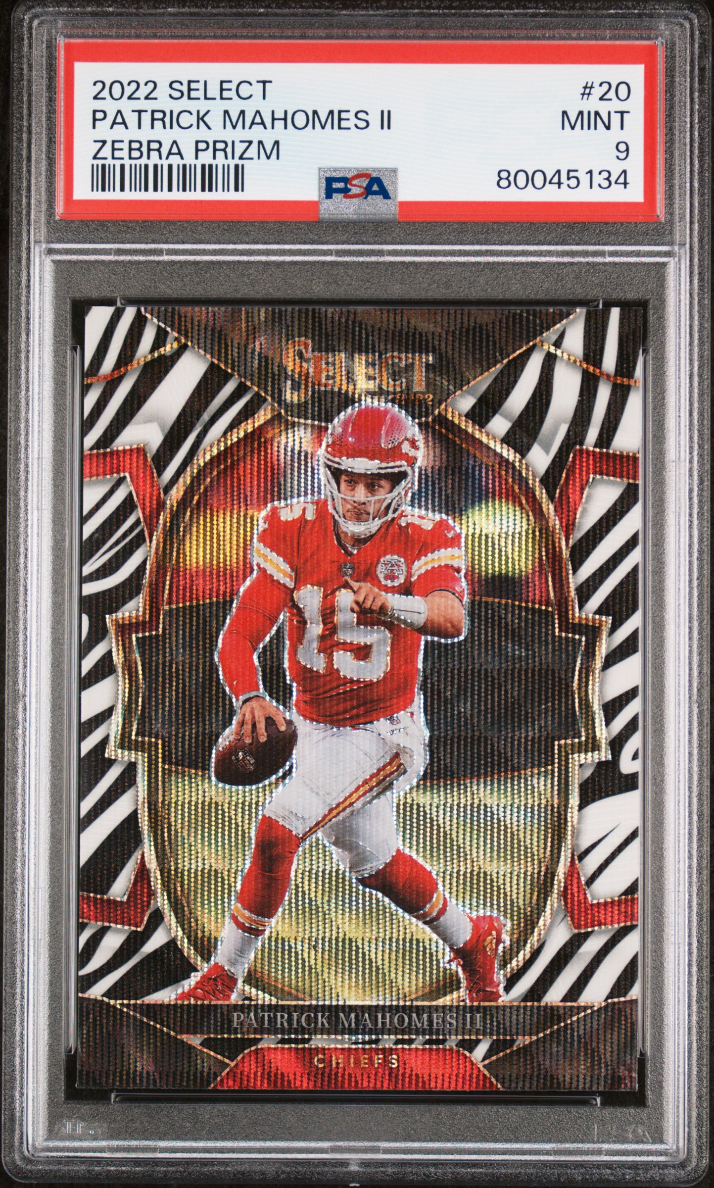 2022 Panini Select Zebra Prizm #20 Patrick Mahomes II - PSA MINT 9