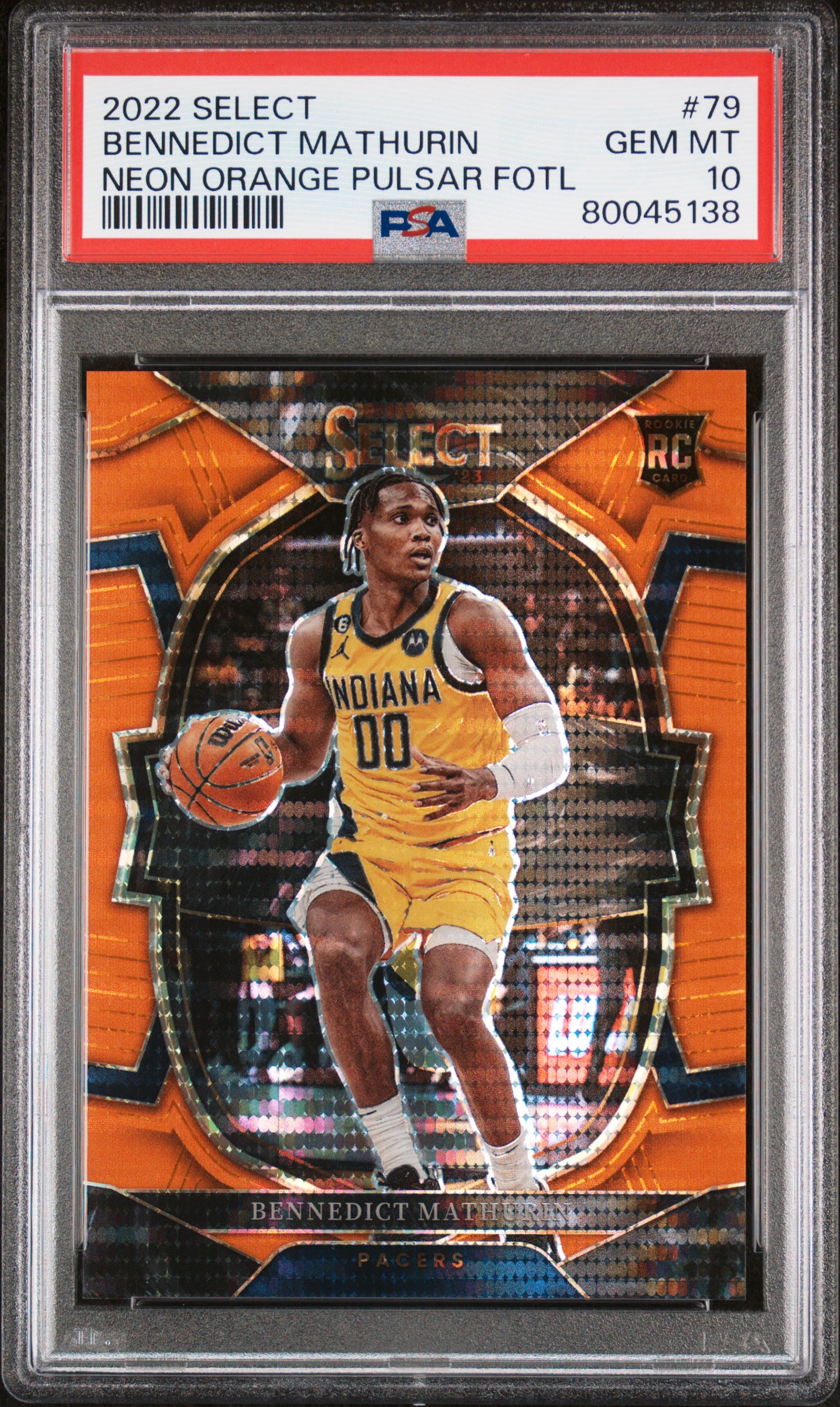 2022-23 Panini Select Neon Orange Pulsar FOTL #79 Bennedict Mathurin Rookie Card (#04/15) - PSA GEM MT 10