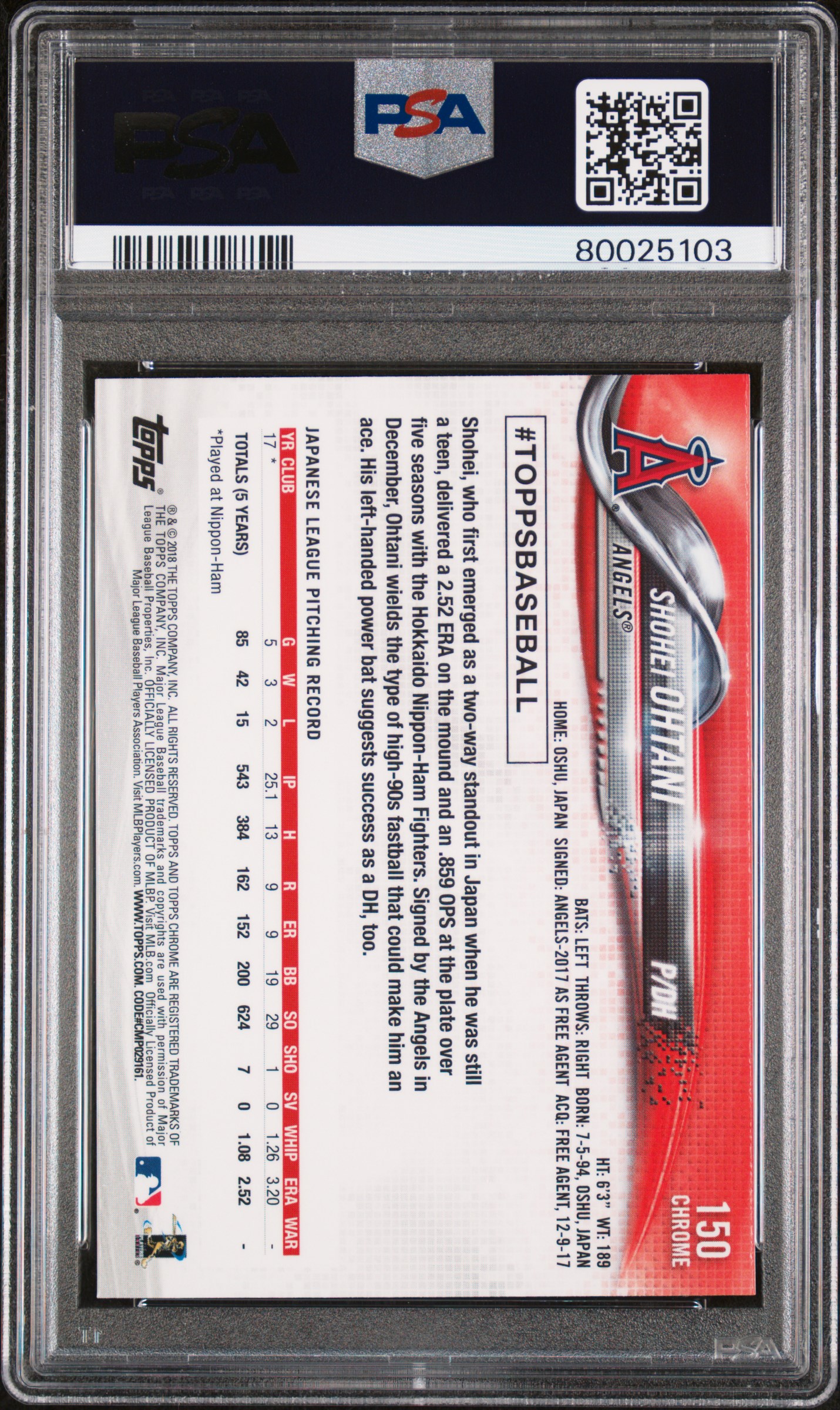 2018 Topps Chrome Shohei Ohtani #150 (Pitching) Gem Mt 10 back