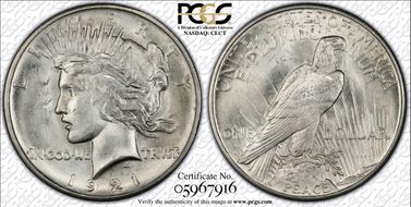 1921 $1 High Relief, Peace MS65