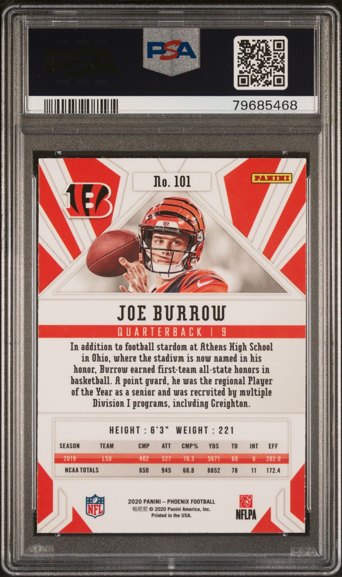 2020 Panini Phoenix Joe Burrow #101 (Fire Burst) Mint 9 back