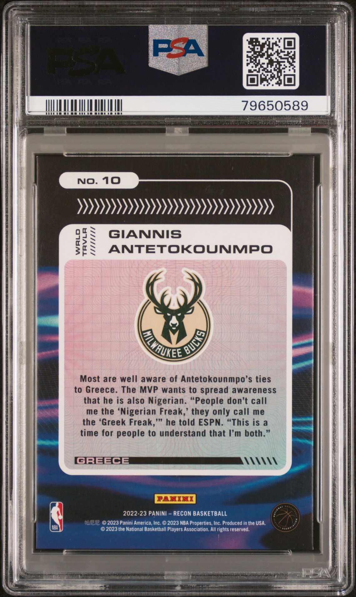 2022 Panini Recon World Travelers Giannis Antetokounmpo #10 (World Travelers-Gold) Mint 9 back