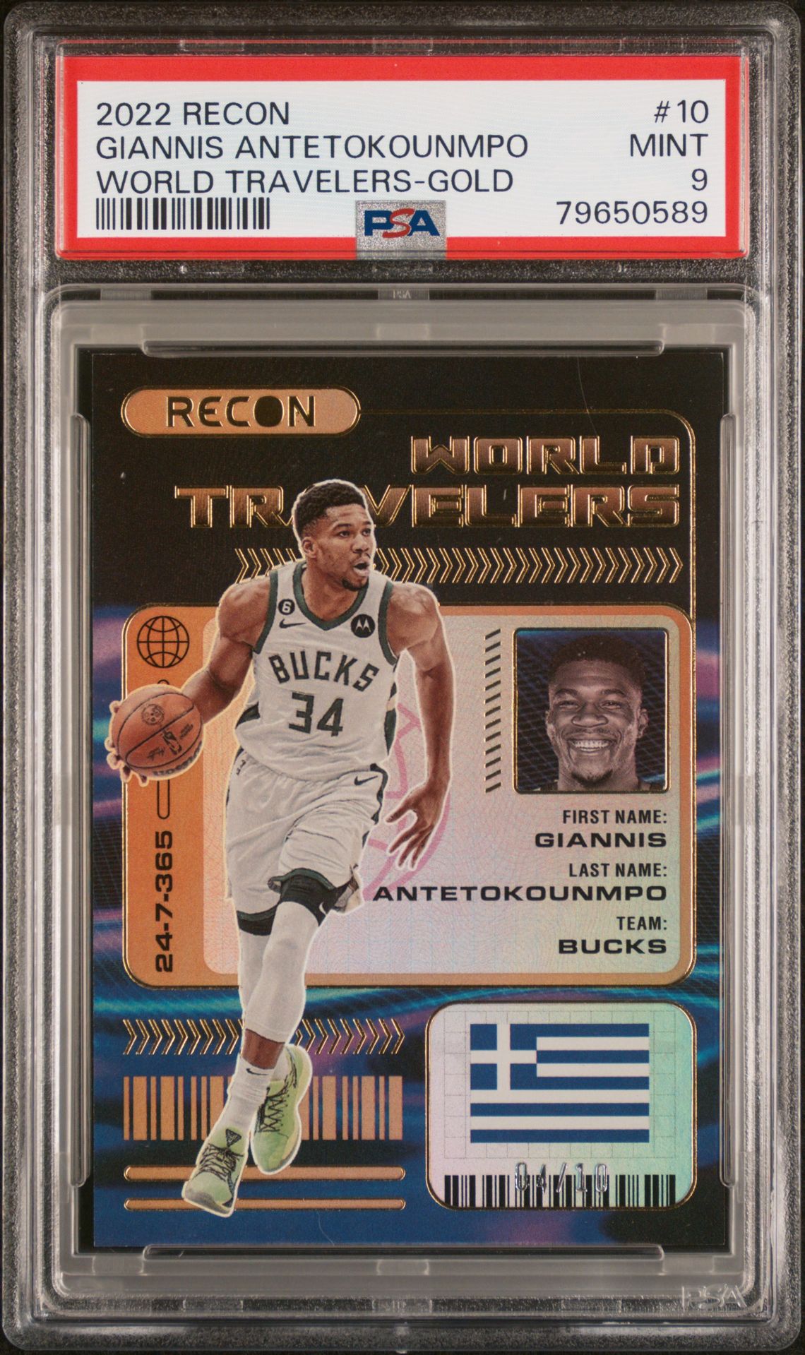 2022 Panini Recon World Travelers Giannis Antetokounmpo #10 (World Travelers-Gold) Mint 9 front