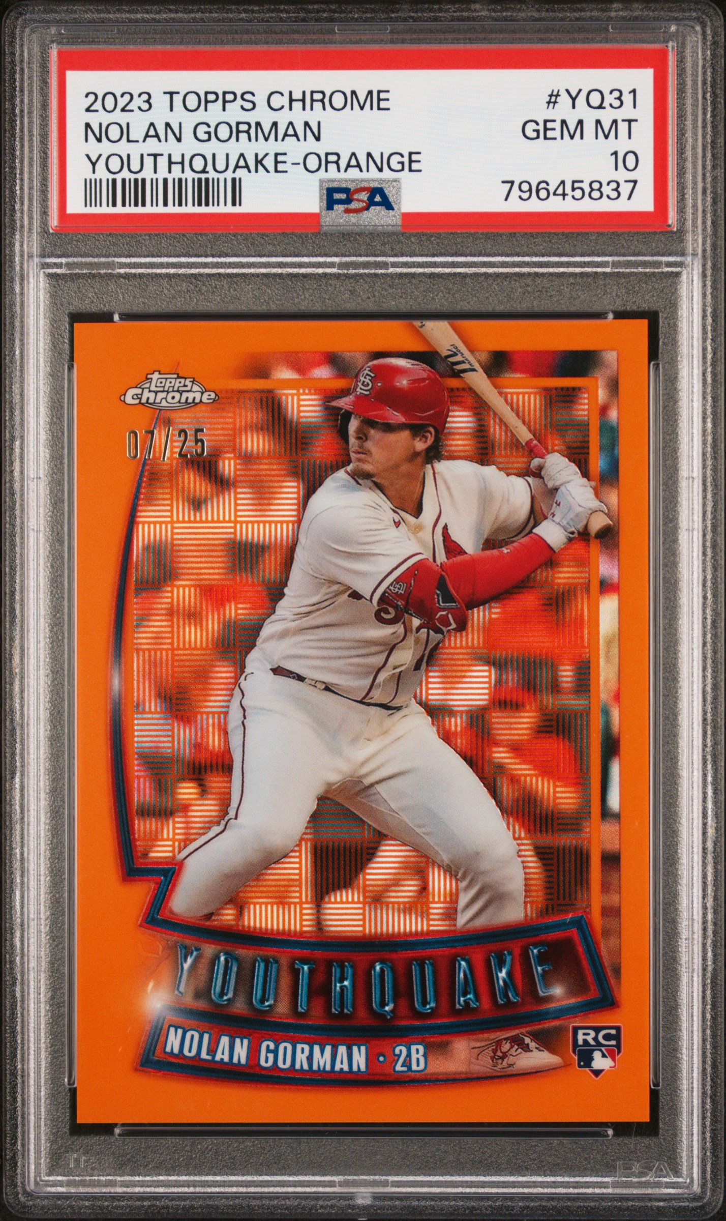 2023 Topps Chrome Youthquake Orange #YQ-31 Nolan Gorman Rookie Card (#07/25) - PSA GEM MT 10