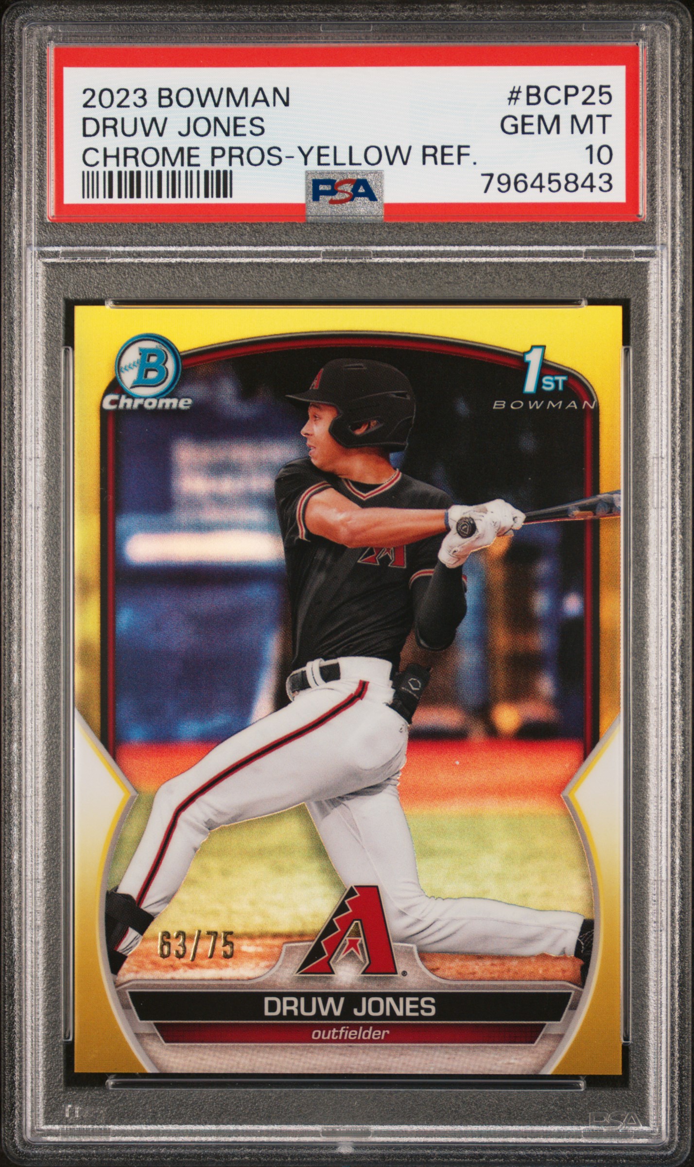 2023 Bowman Chrome Prospects Yellow Refractor #BCP-25 Druw Jones Rookie Card (#63/75) - PSA GEM MT 10