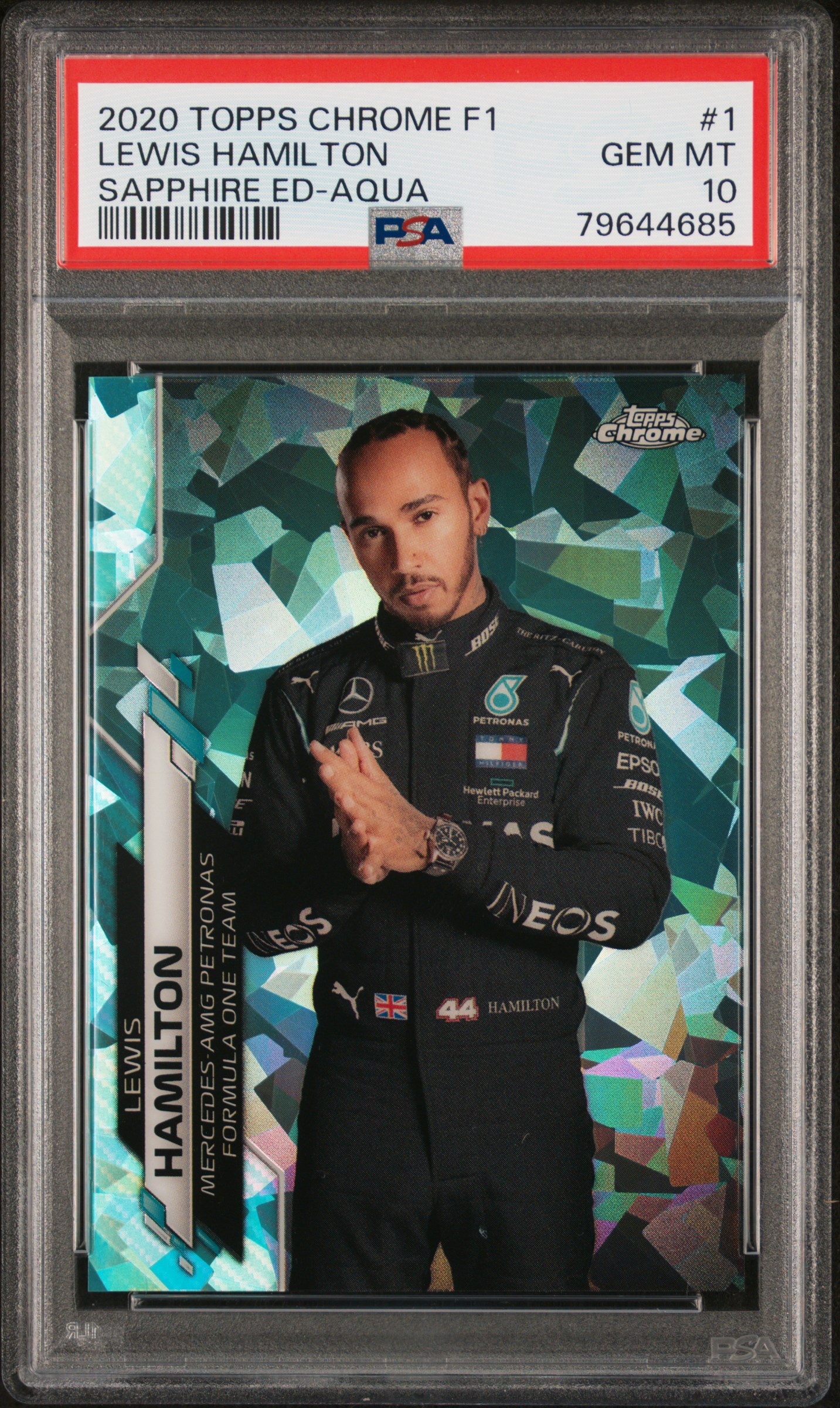 2020 Topps Chrome Formula 1 Sapphire Edition Aqua #1 Lewis Hamilton (#96/99) – PSA GEM MT 10