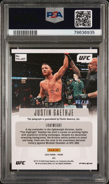 2023 Panini Prizm Ufc Throwback Signatures Justin Gaethje #Thjgt (Throwback Sig-Uc Gold) Gem Mt 10 back