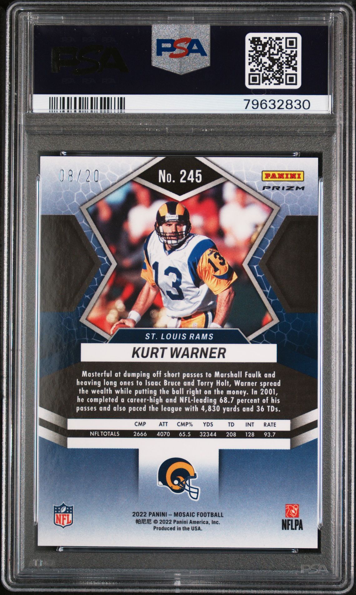 2022 Panini Mosaic Kurt Warner #245 (No Huddle Pink) Gem Mt 10 back
