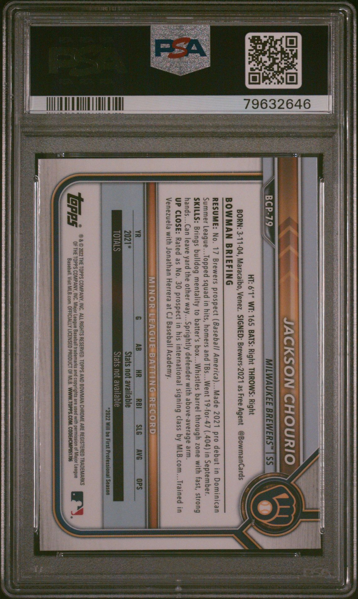 2022 Bowman Chrome Prospects Jackson Chourio #Bcp79 (Chrome Prospects) Gem Mt 10 back