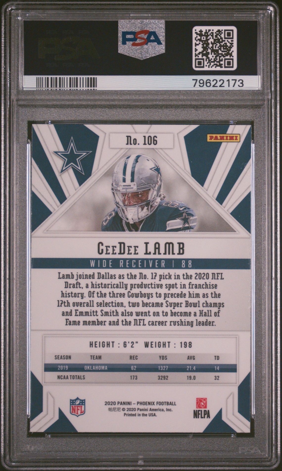 2020 Panini Phoenix Ceedee Lamb #106 (Fire Burst) Gem Mt 10 back