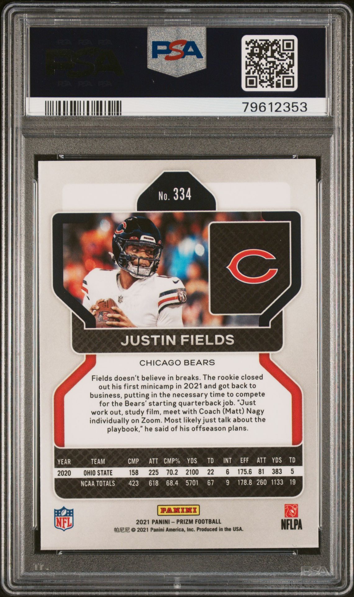 2021 Panini Prizm Justin Fields #334 Gem Mt 10 back