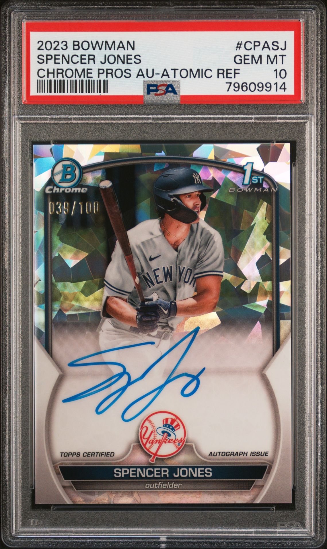 2023 Bowman BOWMAN CHROME PROSPECT AUTOGRAPHS CHROME PROS AU-ATOMIC REF #CPASJ Spencer Jones front