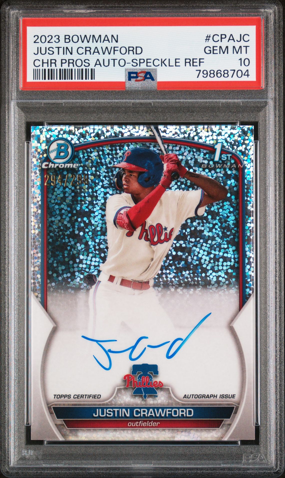 2023 Bowman Chrome Prospect Autographs Justin Crawford #Cpajc (Chr Prospect Au-Speckle Ref) Gem Mt 10 front view - PSA graded GEM MT 10