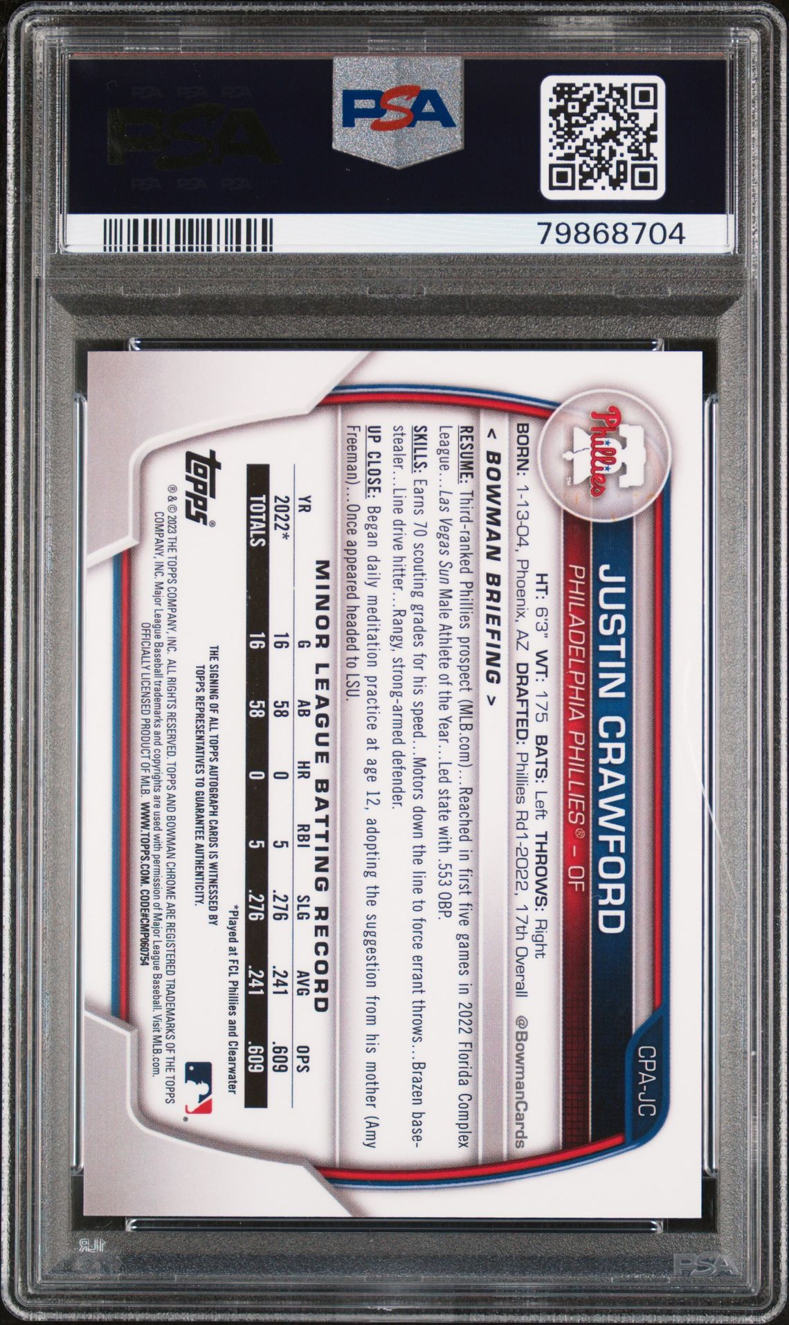2023 Bowman Chrome Prospect Autographs Justin Crawford #Cpajc (Chr Prospect Au-Speckle Ref) Gem Mt 10 back view - PSA certificate #79868704