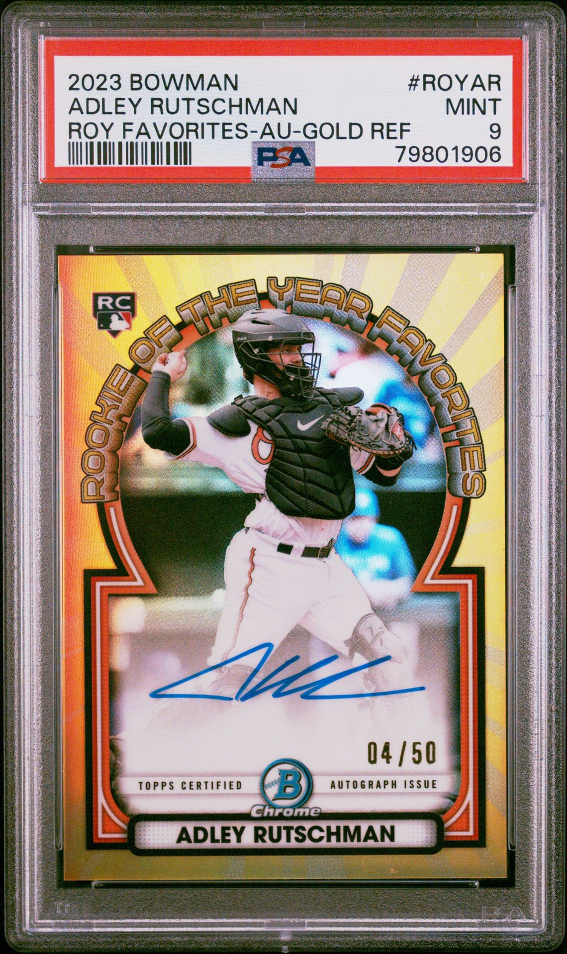 2023 Bowman BOWMAN ROOKIE OF THE YEAR FAVORITES ROY FAVORITES-AU-GOLD REF #ROYAR Adley Rutschman front