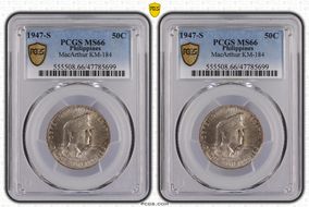 1947-S 50C Douglas MacArthur KM-184  Ag MS66