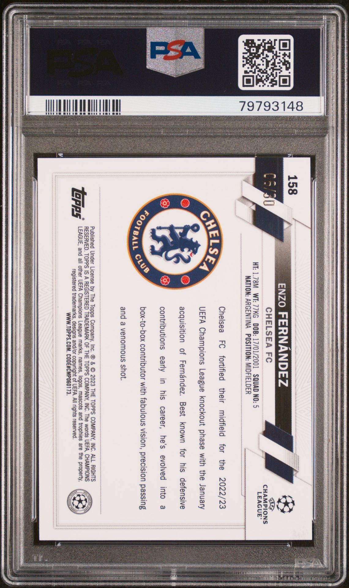 2022-23 Topps Chrome Uefa Club Competitions Enzo Fernandez #158 (Black & Gold Seismic Ref) Gem Mt 10 back view - PSA certificate #79793148