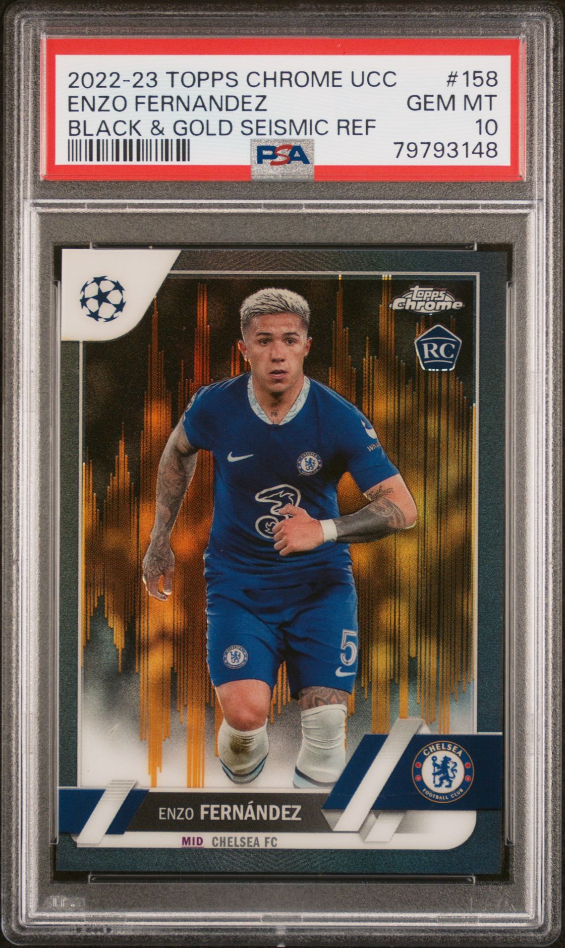2022-23 Topps Chrome Uefa Club Competitions Enzo Fernandez #158 (Black & Gold Seismic Ref) Gem Mt 10 front view - PSA graded GEM MT 10