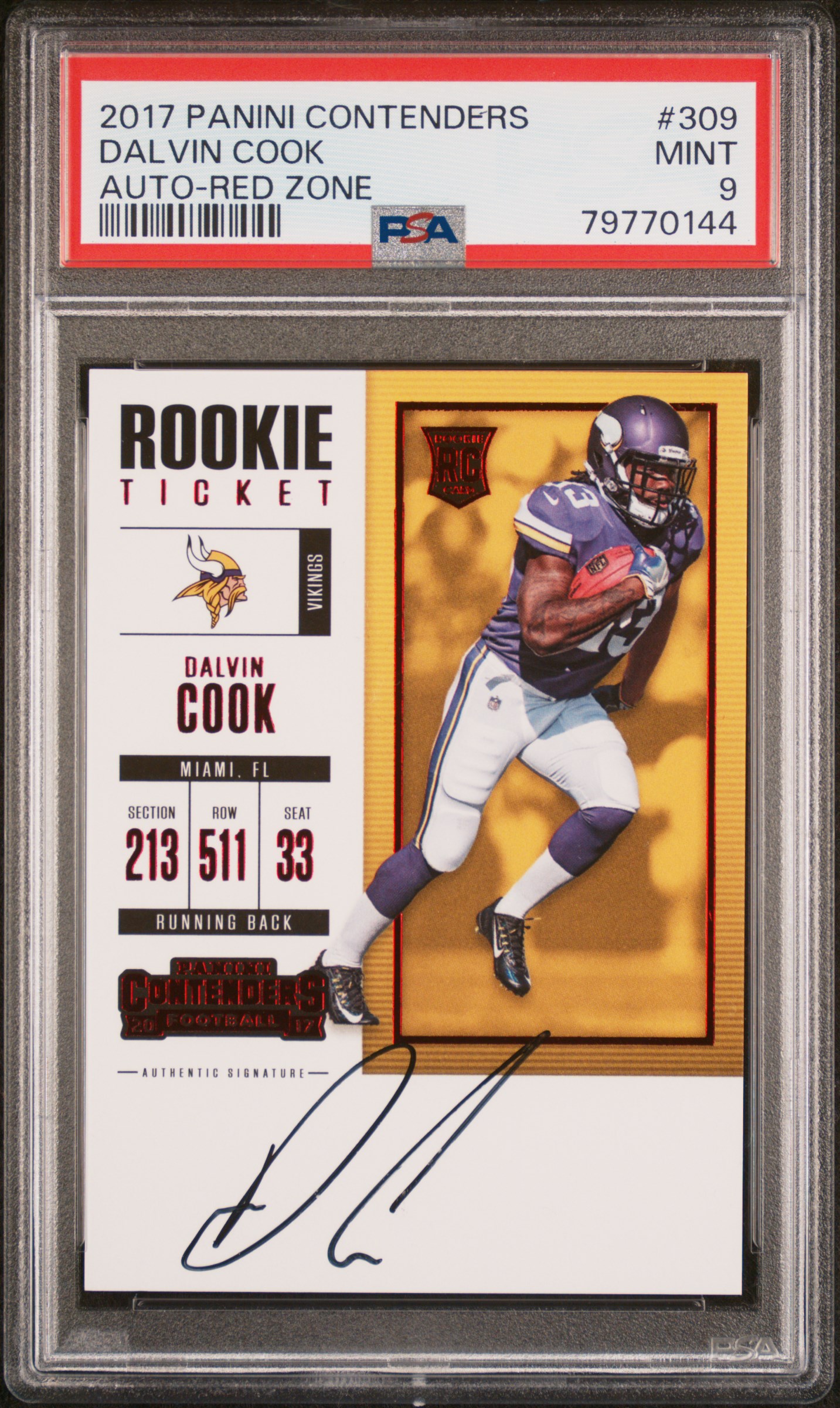 2017 Panini Contenders Autograph-Red Zone #309 Dalvin Cook Rookie Card – PSA MINT 9