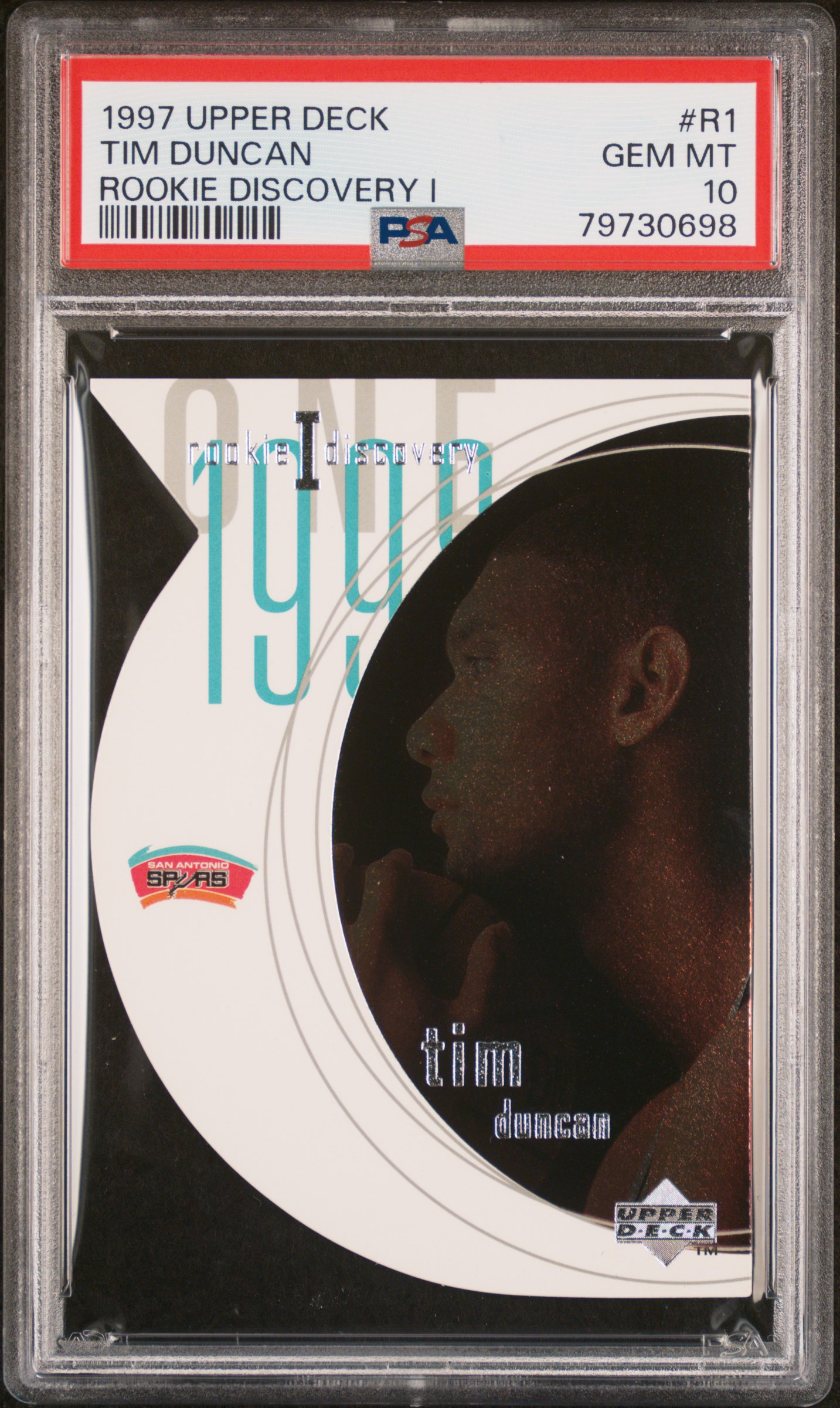 1997 Upper Deck Rookie Discovery Rookie Discovery I #R1 Tim Duncan Rookie Card – PSA GEM MT 10