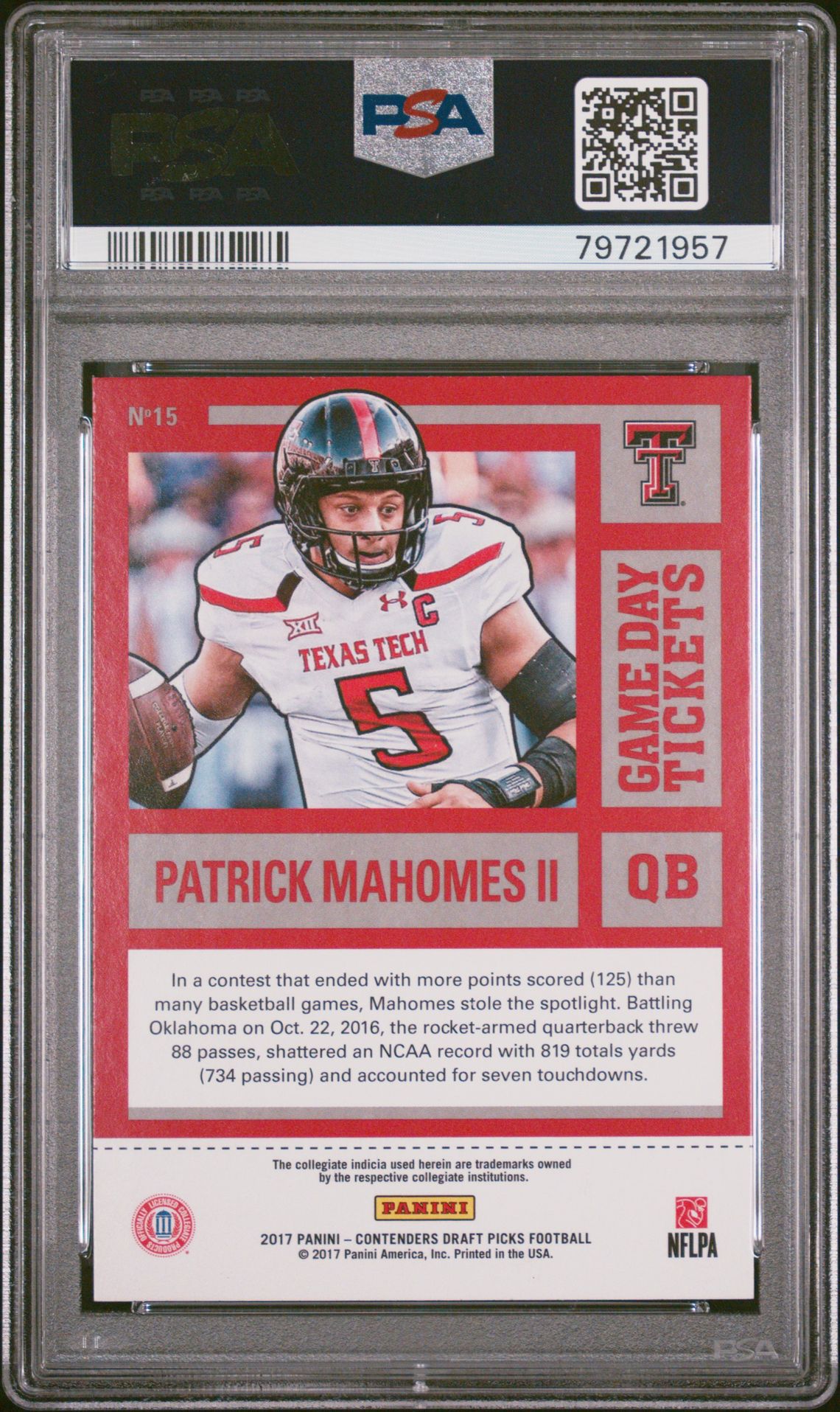 2017 Panini Contenders Draft Picks Game Day Tickets Patrick Mahomes Ii #15 (Game Day Tickets) Mint 9 back