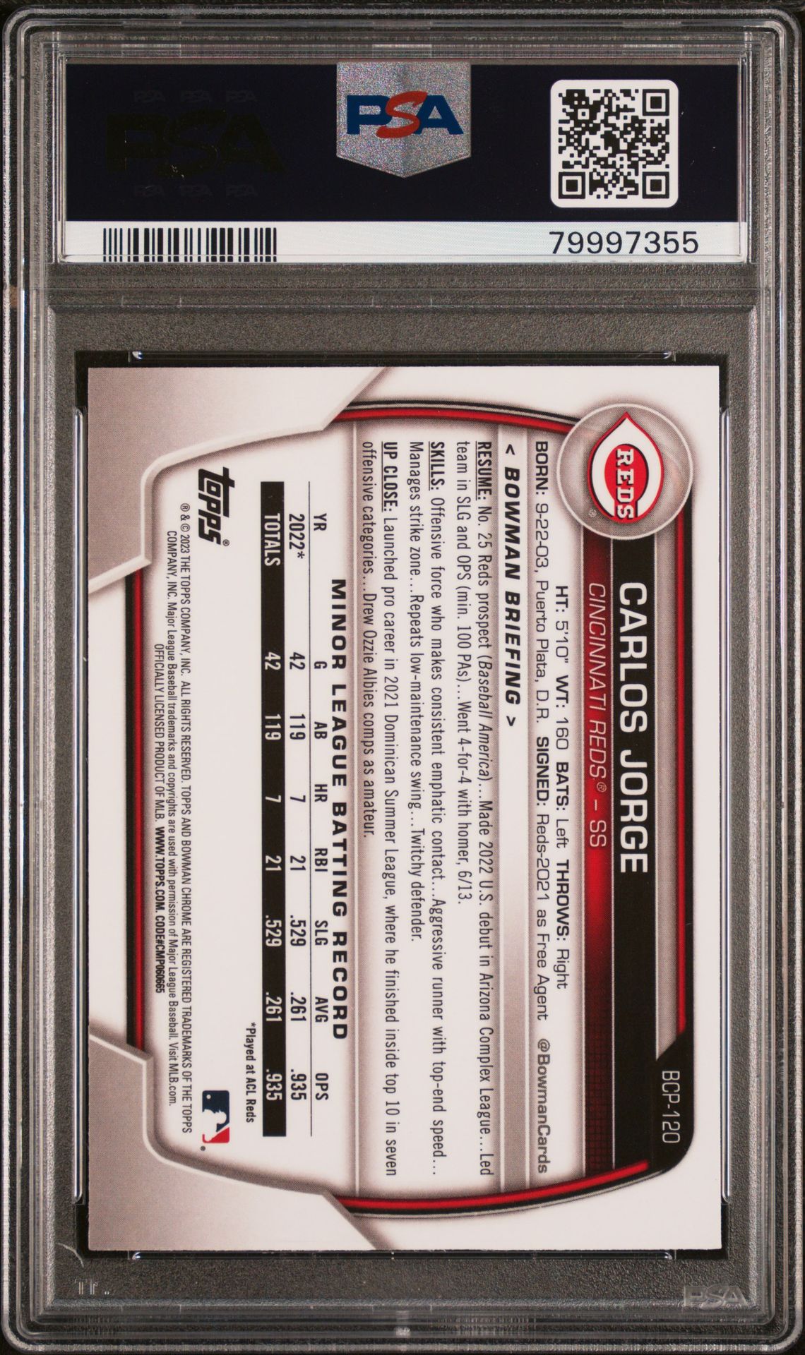 2023 Bowman Chrome Prospects Carlos Jorge #Bcp120 (Chrome Prospects-Pearl Ref) Gem Mt 10 back