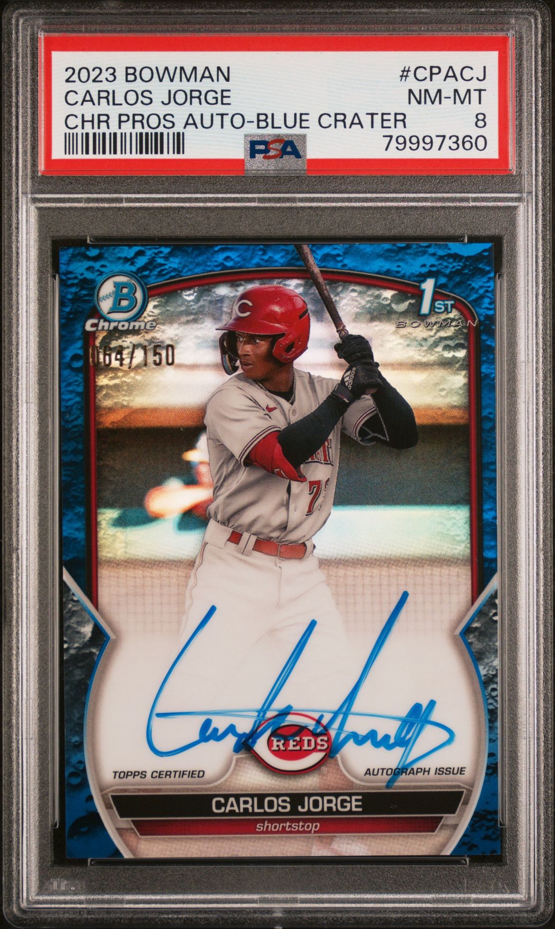 2023 Bowman Chrome Prospect Autographs Carlos Jorge #Cpacj (Chr Pros Au-Blue Crater Ref) Nm-Mt 8 front